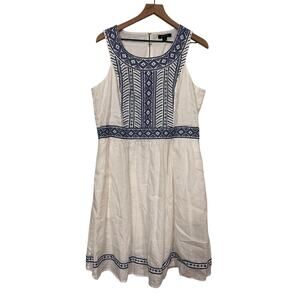 Lands End Womens White Blue Embroidered Fit and Flare Linen Dress Size 18